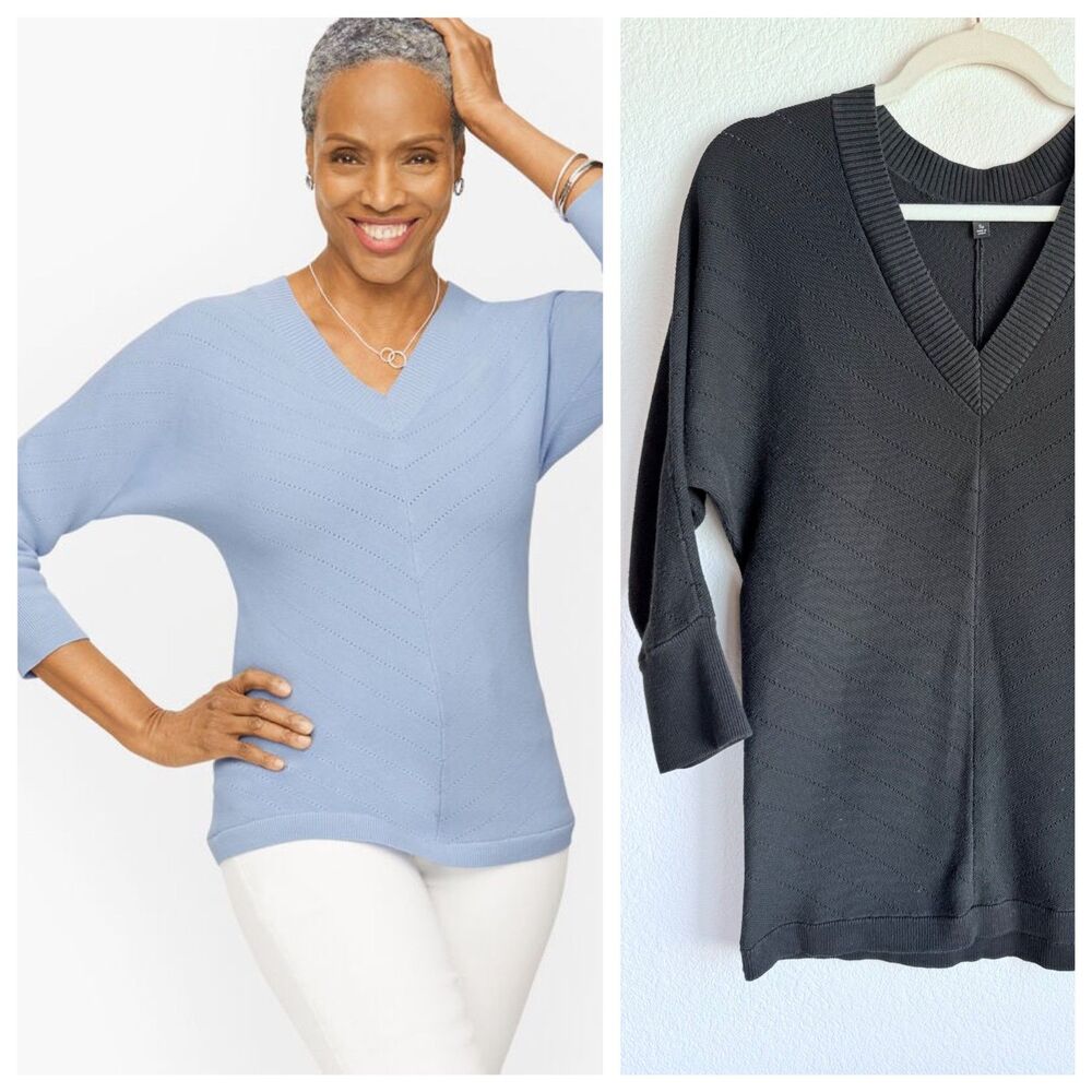 Talbots Petites Cotton Blend V-Neck Chevron Links 3/4 Sleeve Sweater in Black PS